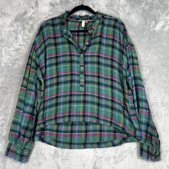 Anthropologie Pilcro Plaid Blouse Cropped Puff-Sleeve Soft Crinkle Green   Large - Picture 5 of 8